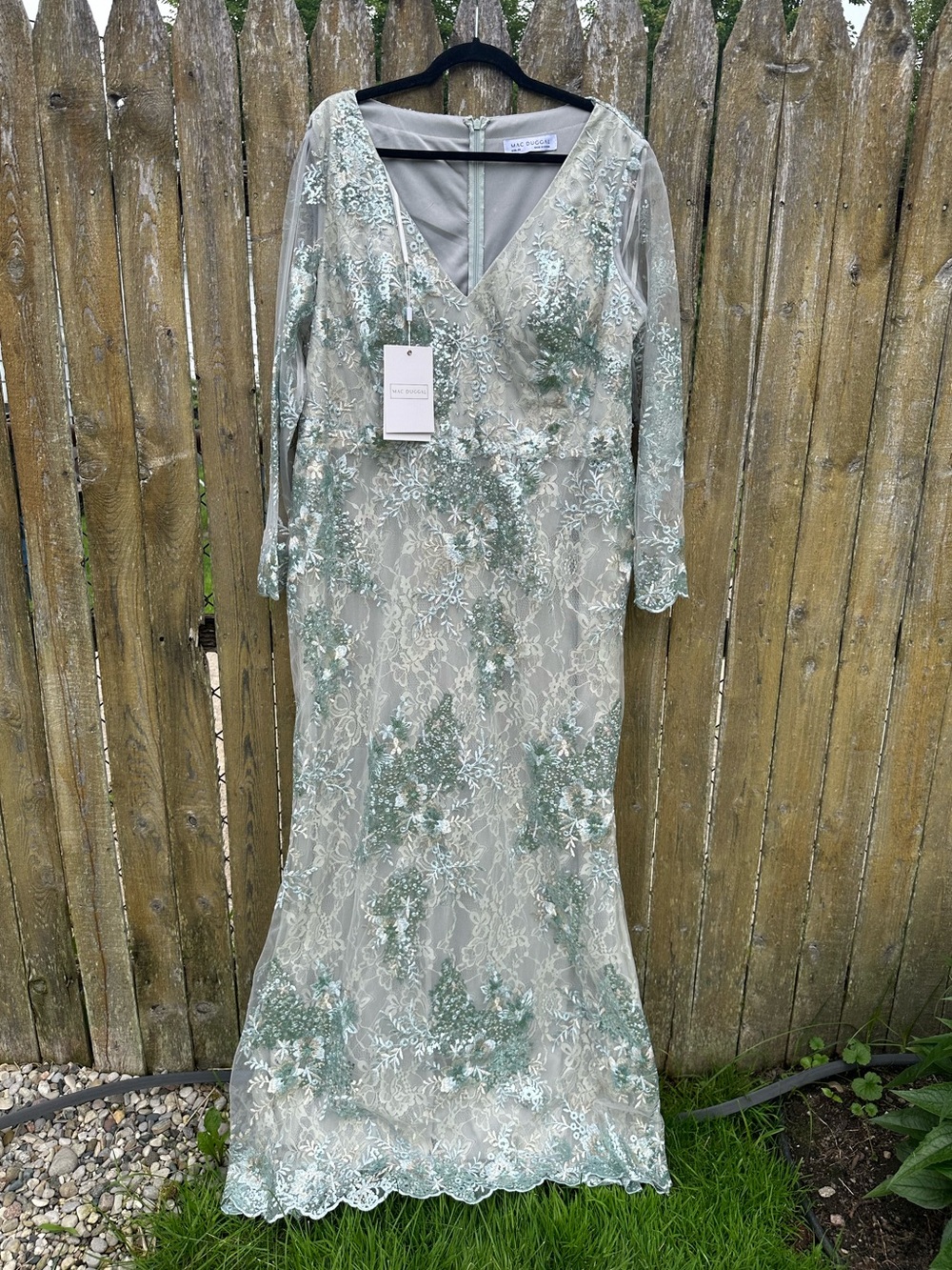 NWT Mac Duggal 67539 Embroidered Sequin Lace Evening Gown Sage Silver Size 20